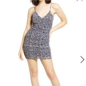 New Bp Nordstrom Ruched Mesh Summer Dress Black Blue Maisey Ditsy Floral L NEW